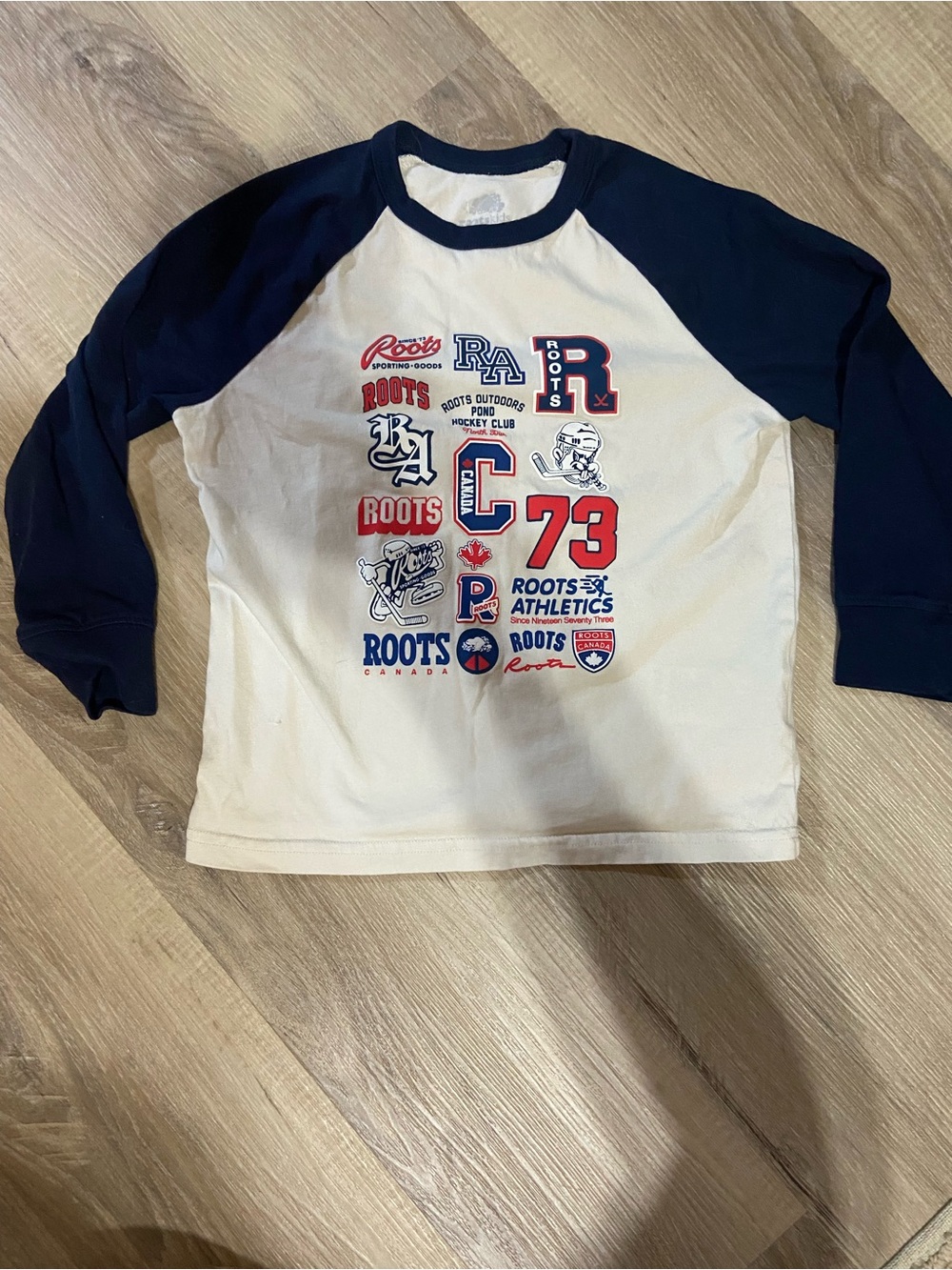 Roots Kids Long-Sleeve Raglan Tee in White & Navy with Graphic Front